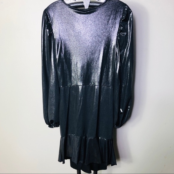 BOOHOO NWT Mini dress gunmetal grey, metallic long sleeves, deep V- neck SZ 8 - Picture 9 of 11